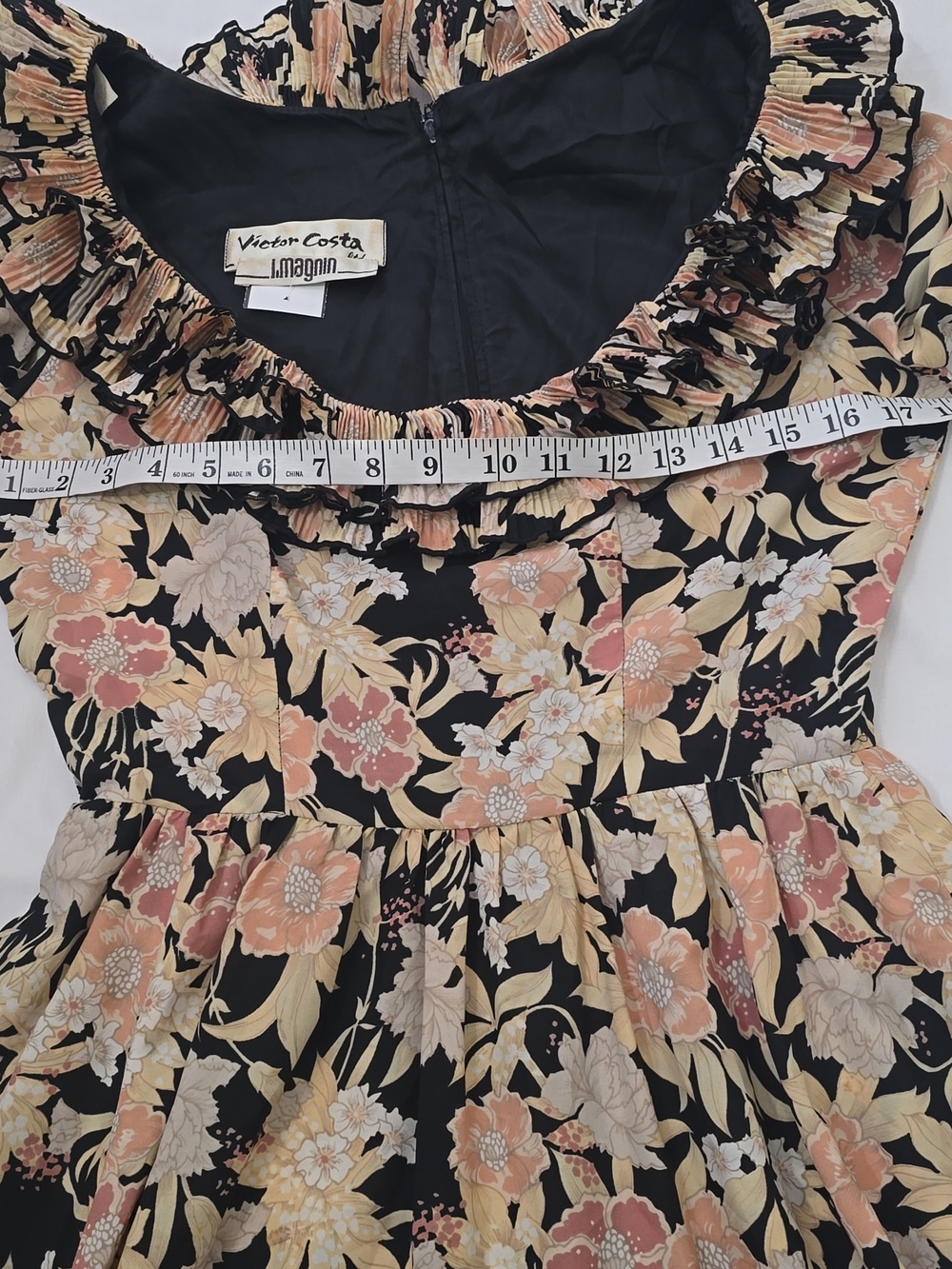 Victor Costa Black Floral Ruffle Maxi Dress with Pink & Cream Accents S - Picture 6 of 14